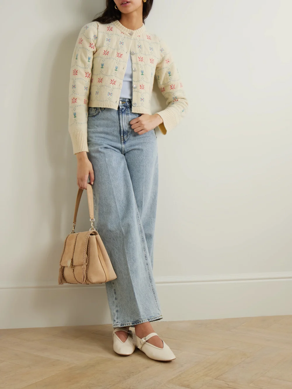 Calle Del Mar Cropped Cashmere and Silk-blend Jacquard Cardigan, worn by a model