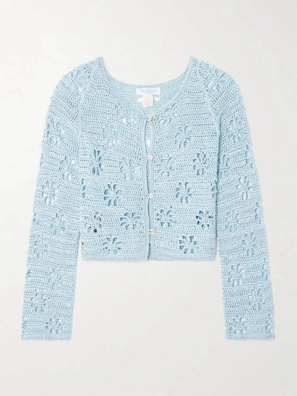 Calle Del Mar Cropped Crocheted Cardigan in light blue