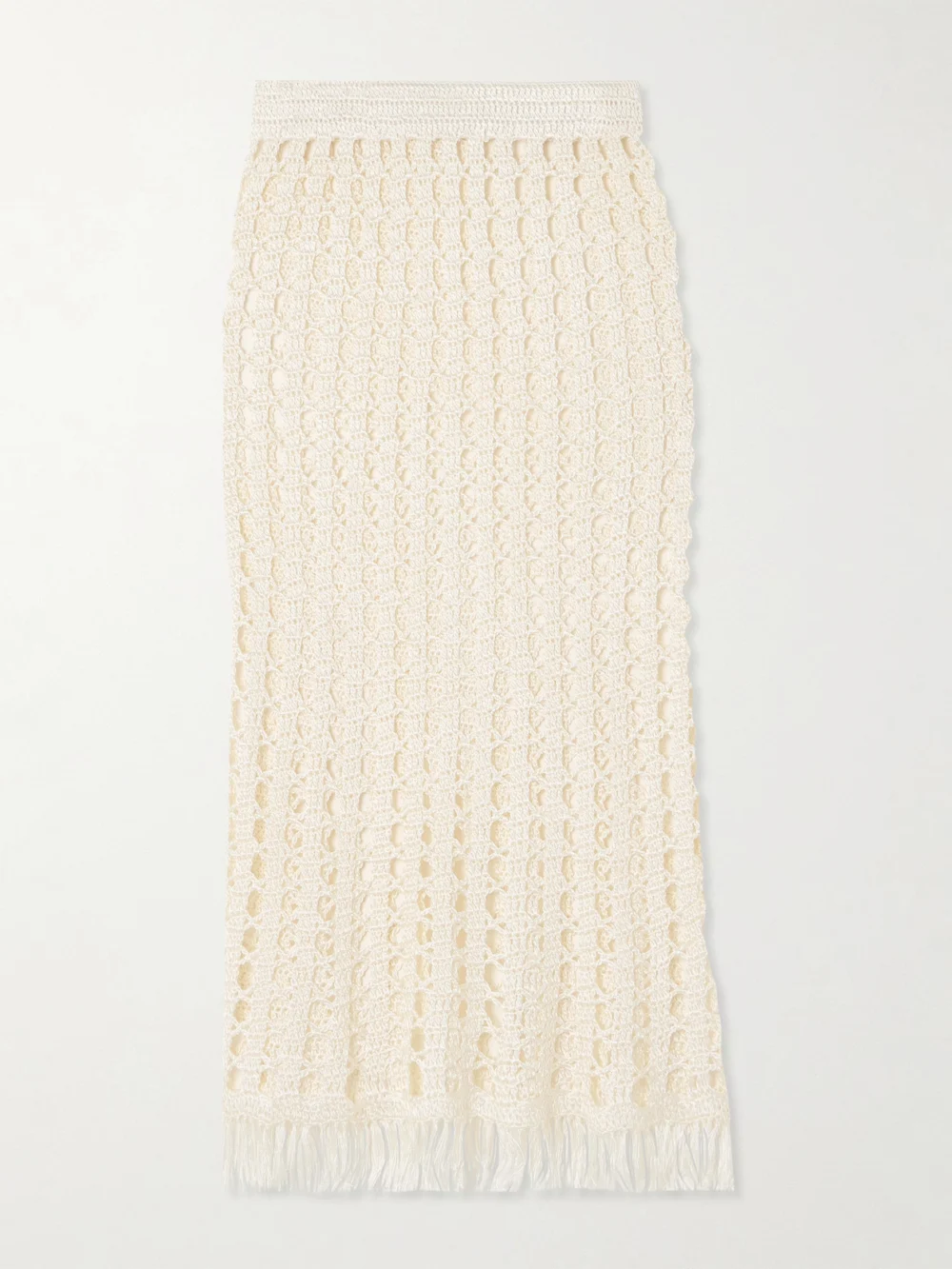 Calle Del Mar Fringed Crocheted Midi Skirt in ecru