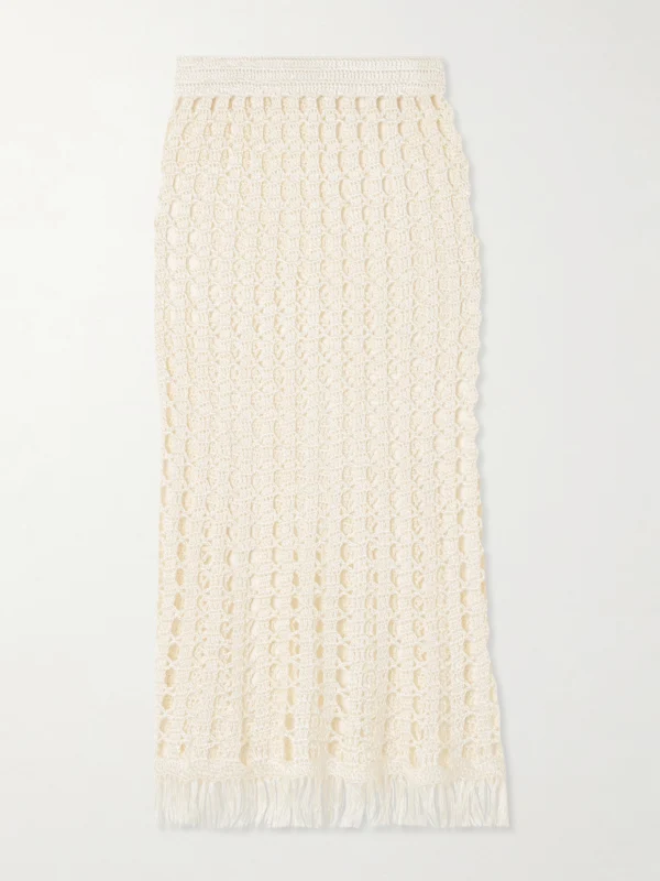 Calle Del Mar Fringed Crocheted Midi Skirt