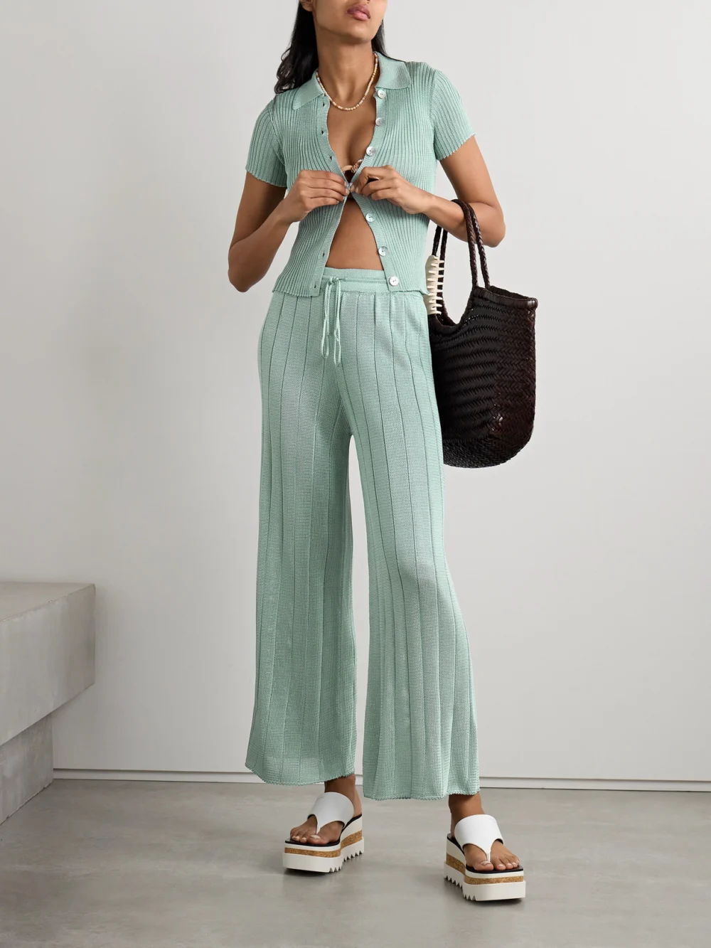 Calle Del Mar Ribbed-knit Wide-leg Pants, worn by a model