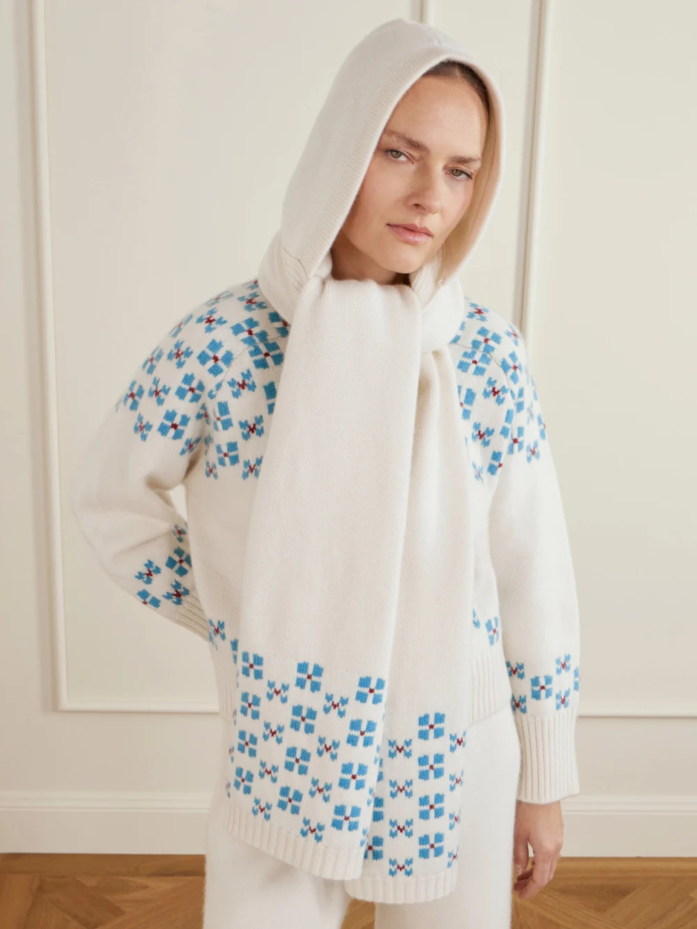 Calle Del Mar Winter Hooded Fair Isle Cashmere Scarf, styled view