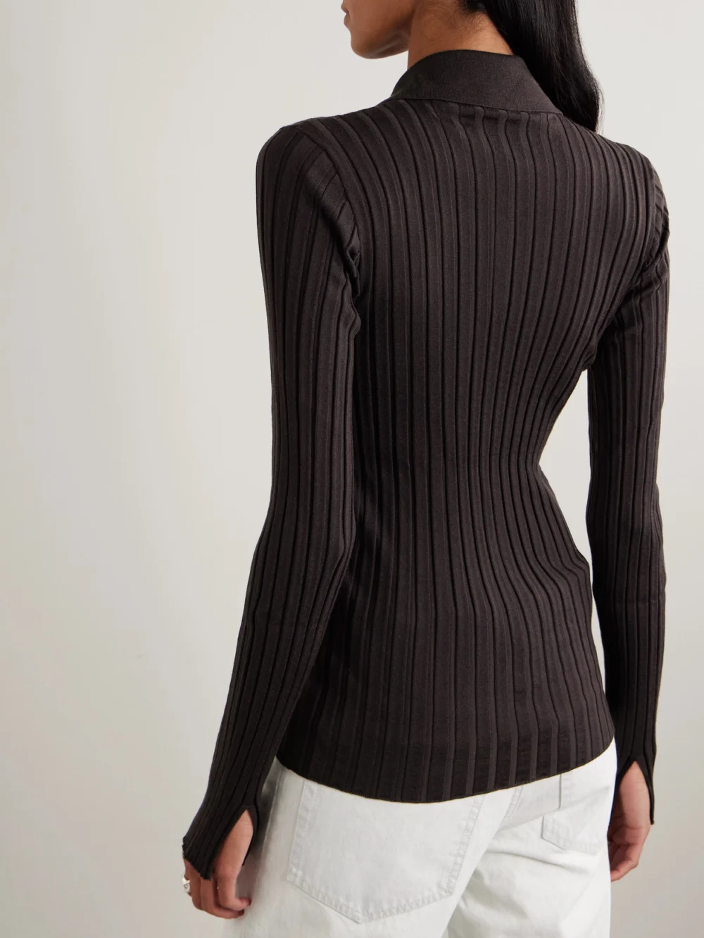 Back view of the Calvin Klein Collection Amber Ribbed Wool Polo Sweater