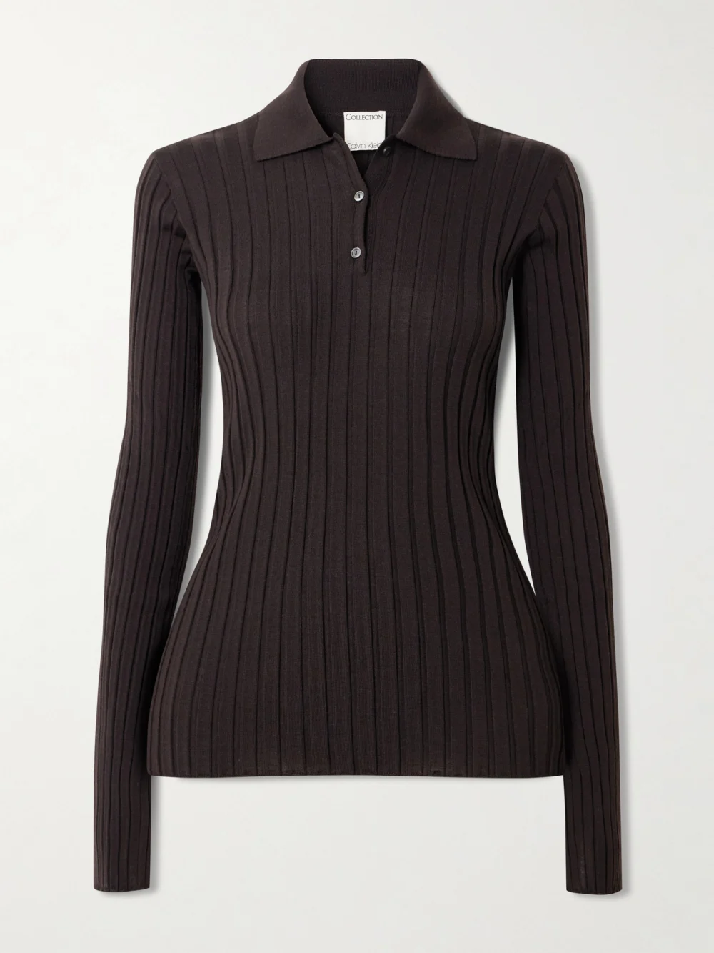 Calvin Klein Collection Amber Ribbed Wool Polo Sweater in dark brown