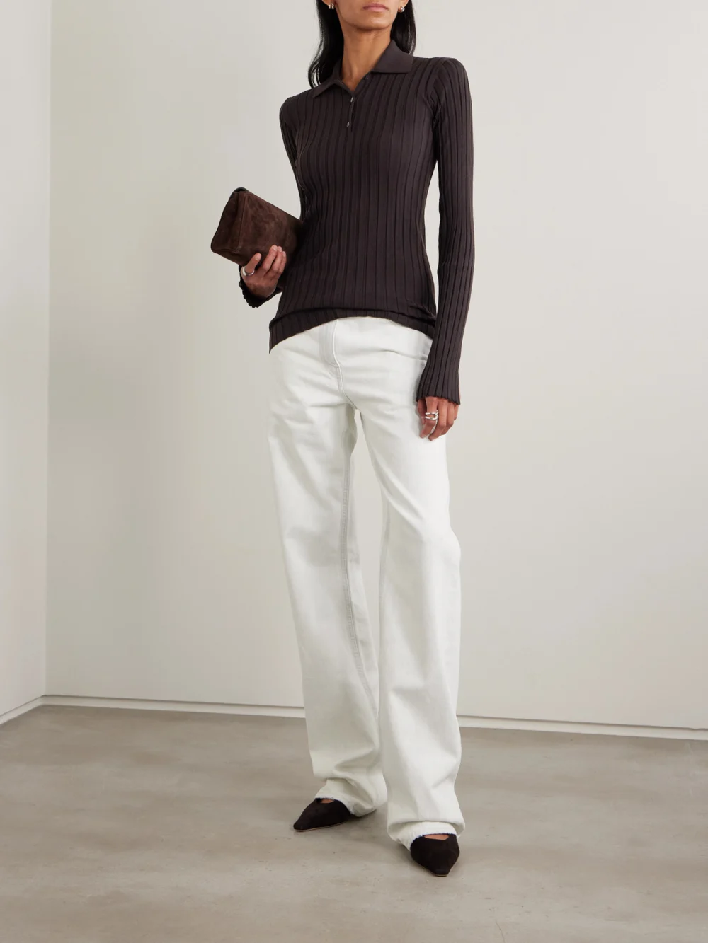 Calvin Klein Collection Amber Ribbed Wool Polo Sweater, worn by a model