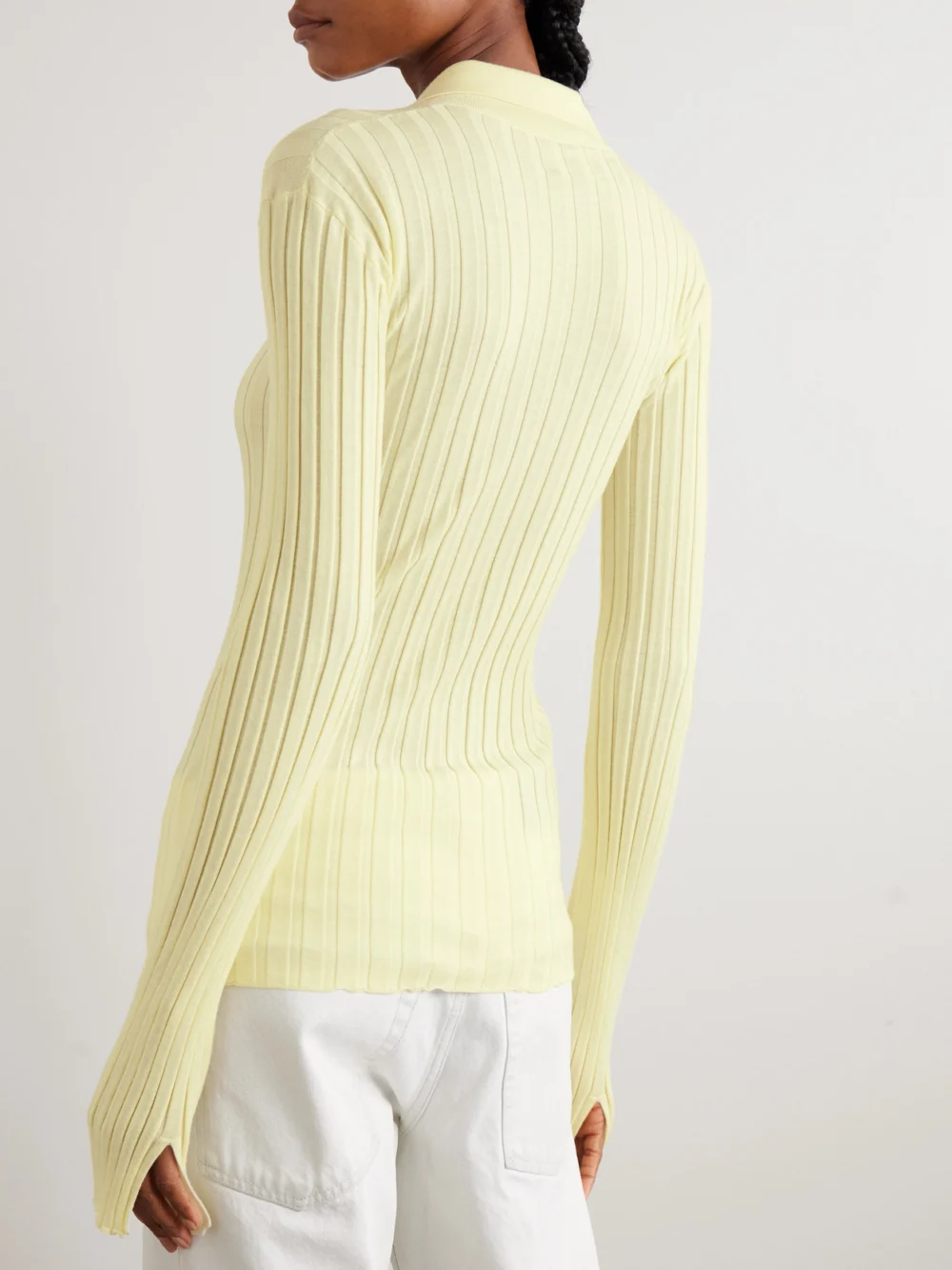 Back view of the Calvin Klein Collection Amber Ribbed Wool Polo Sweater