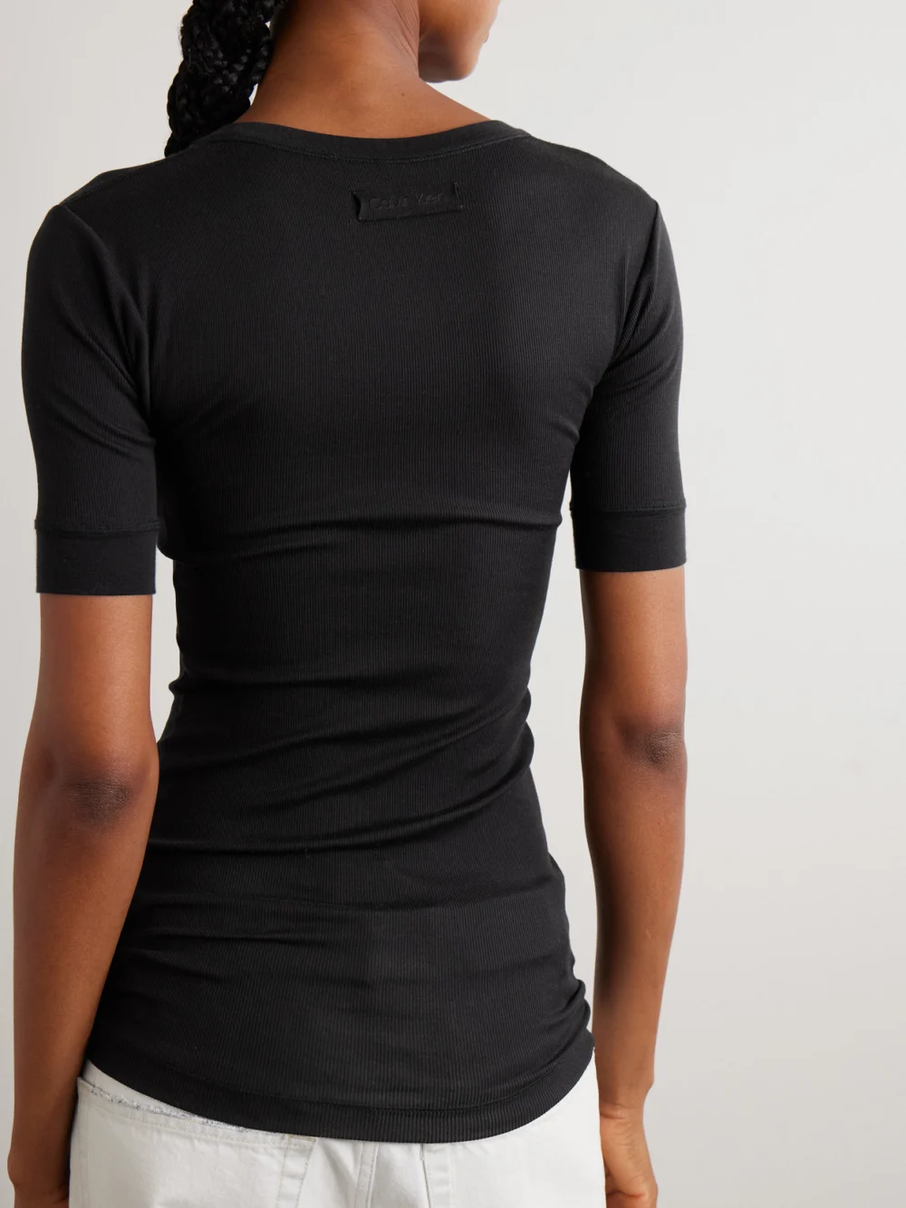 Back view of the Calvin Klein Collection Aubriella Ribbed Stretch Organic Cotton-jersey T-shirt