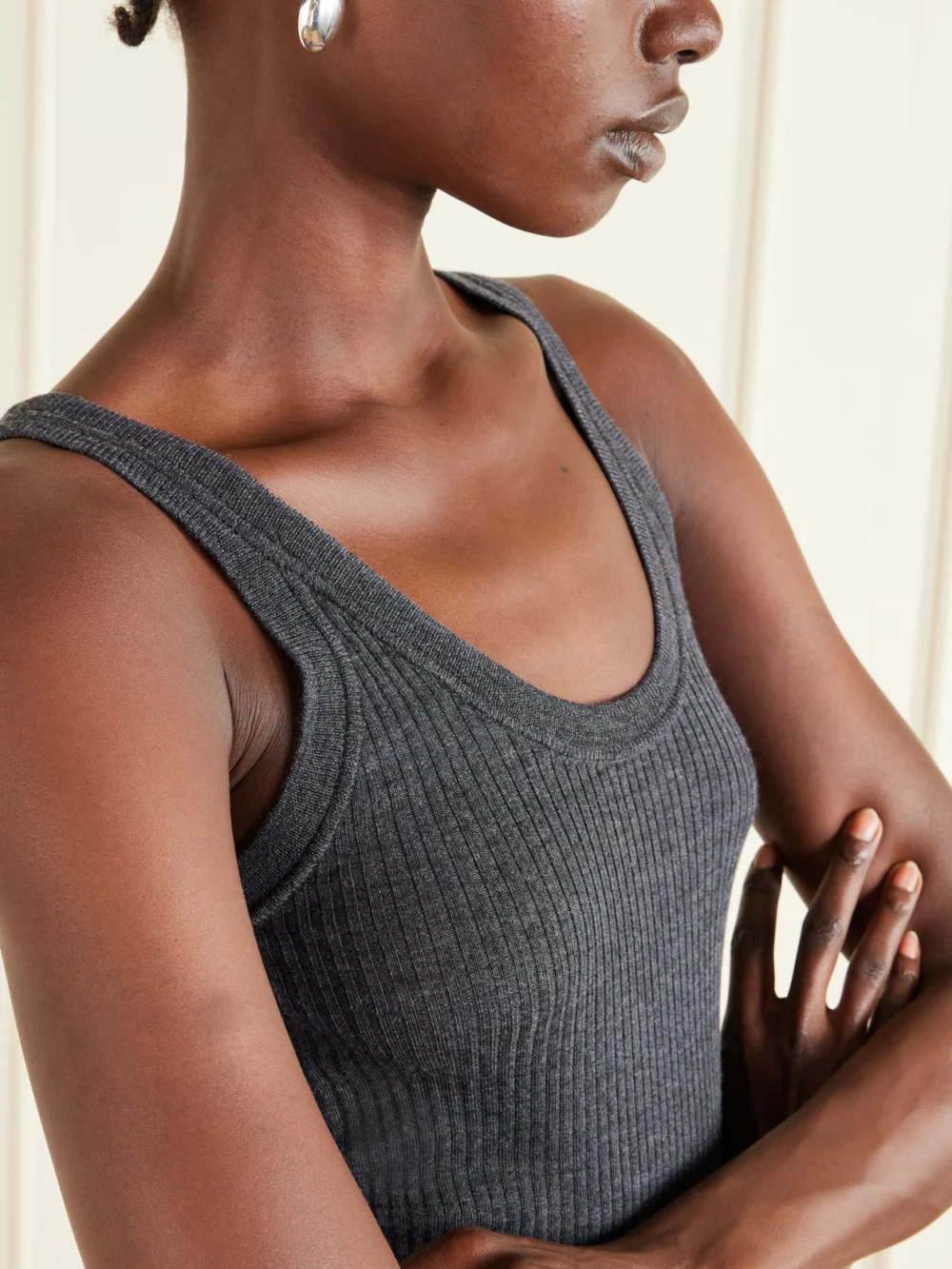 Close-up detail of the Calvin Klein Collection Ella Ribbed Wool Tank