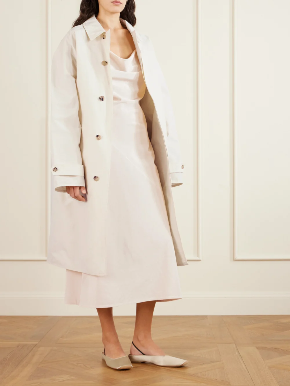 Calvin Klein Collection Jasmine Draped Wool Crepe De Chine Midi Dress, worn by a model