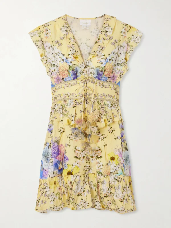 Camilla Appliquéd Embellished Floral-print Linen-voile Mini Dress