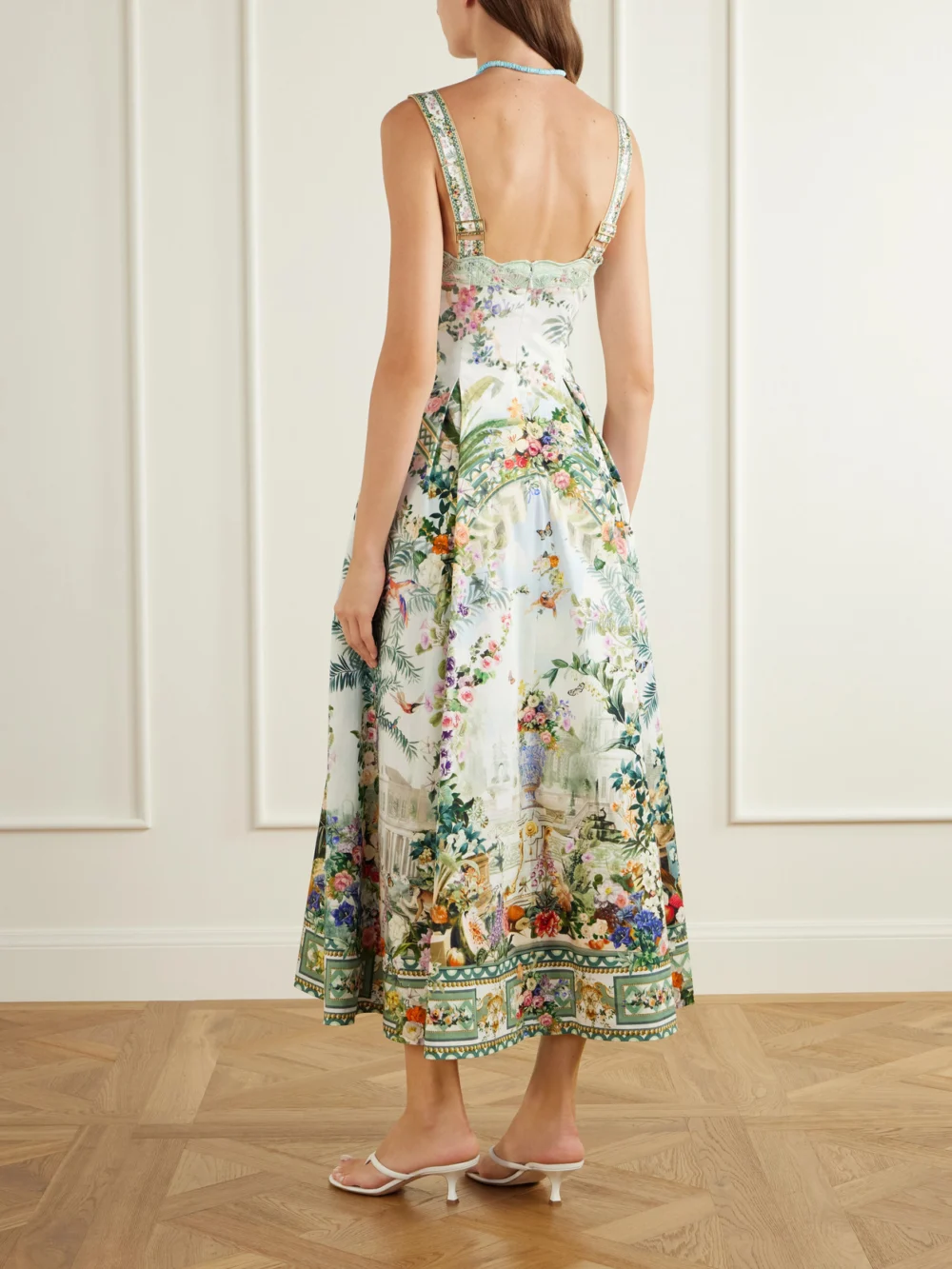 Back view of the Camilla Art for the Empress Lace-trimmed Printed Cotton-blend Midi Dress