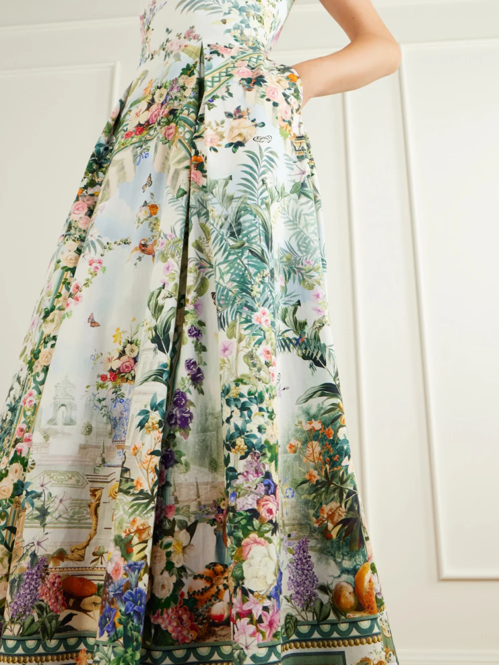 Close-up detail of the Camilla Art for the Empress Lace-trimmed Printed Cotton-blend Midi Dress