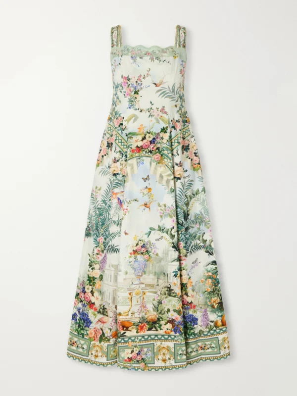 Camilla Art for the Empress Lace-trimmed Printed Cotton-blend Midi Dress