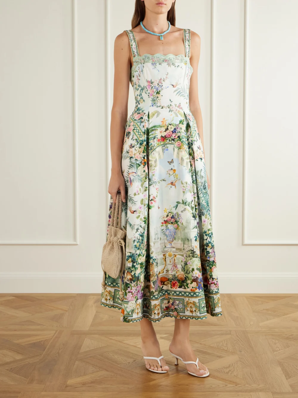 Camilla Art for the Empress Lace-trimmed Printed Cotton-blend Midi Dress, worn by a model