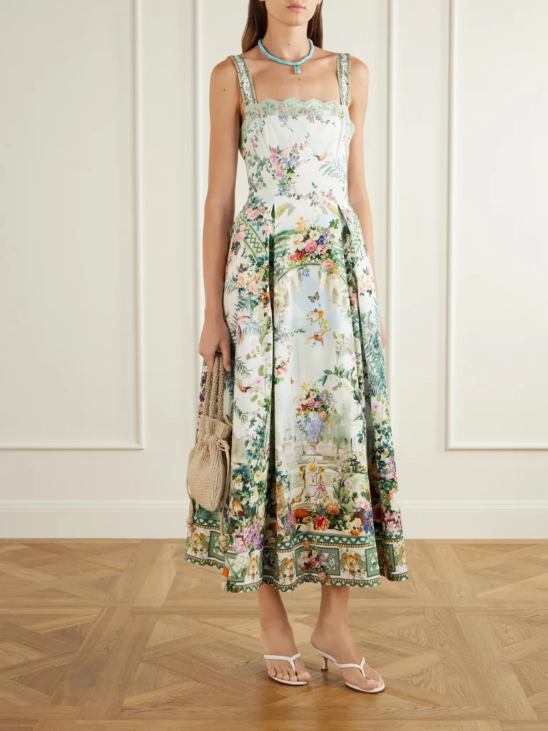 Camilla Art for the Empress Lace-trimmed Printed Cotton-blend Midi Dress