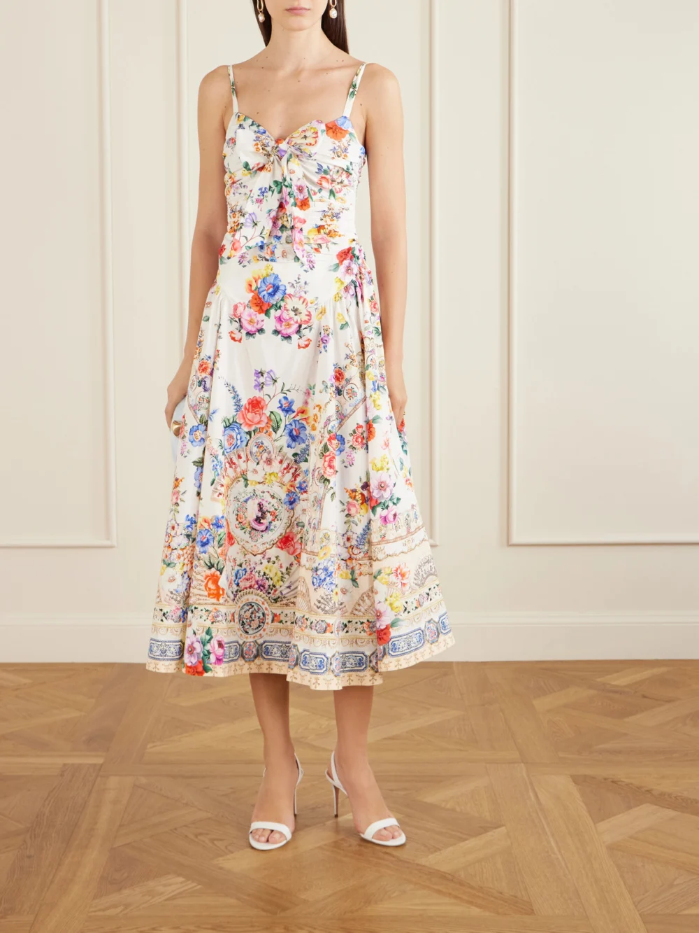 Camilla Ballerina Tie-detailed Cutout Ruched Floral-print Cotton-blend Midi Dress, worn by a model
