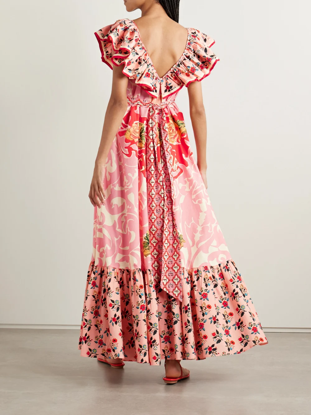 Back view of the Camilla Belted Embellished Ruffled Printed Organic Cotton-poplin Maxi Dress