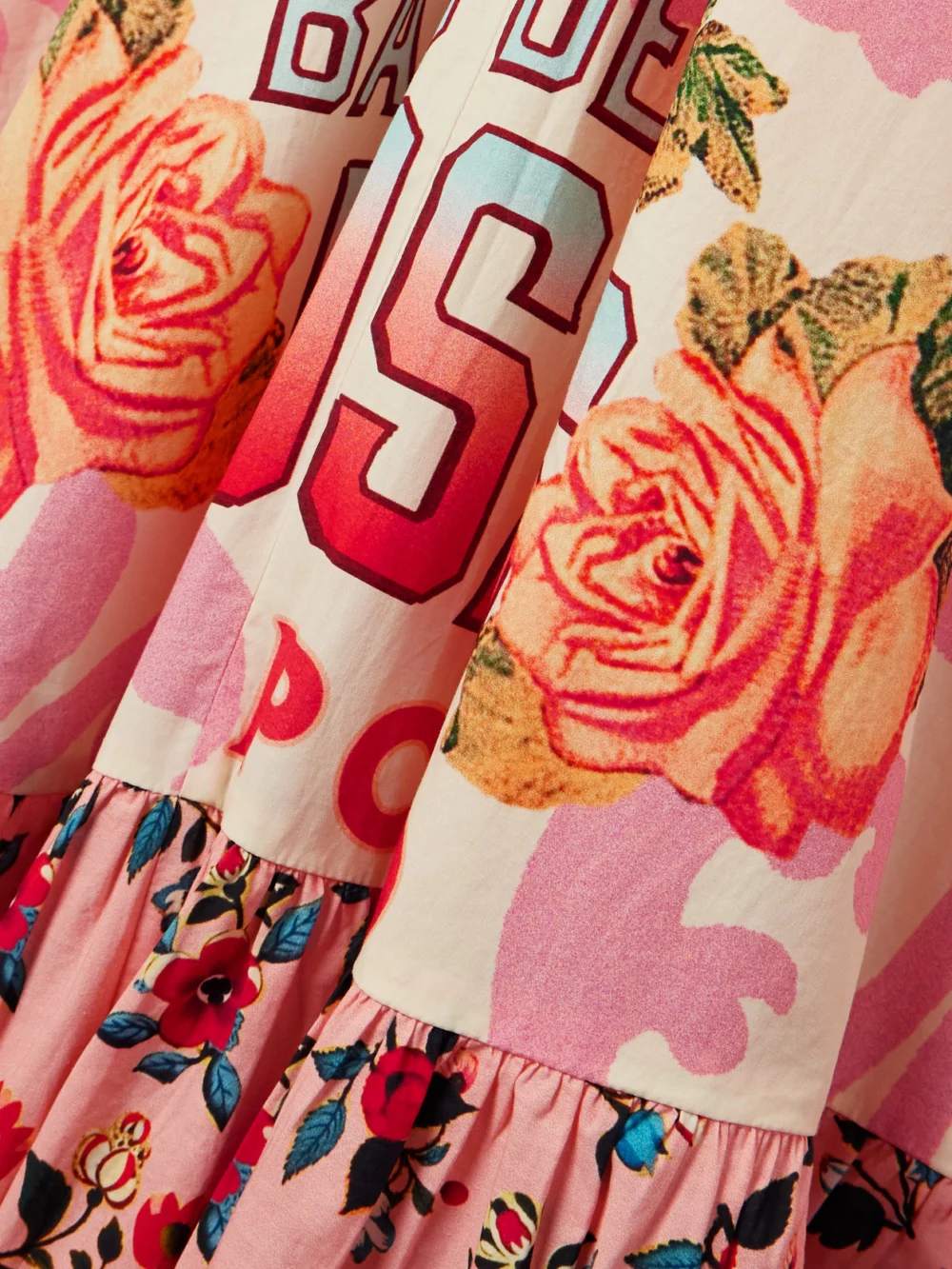 Close-up detail of the Camilla Belted Embellished Ruffled Printed Organic Cotton-poplin Maxi Dress