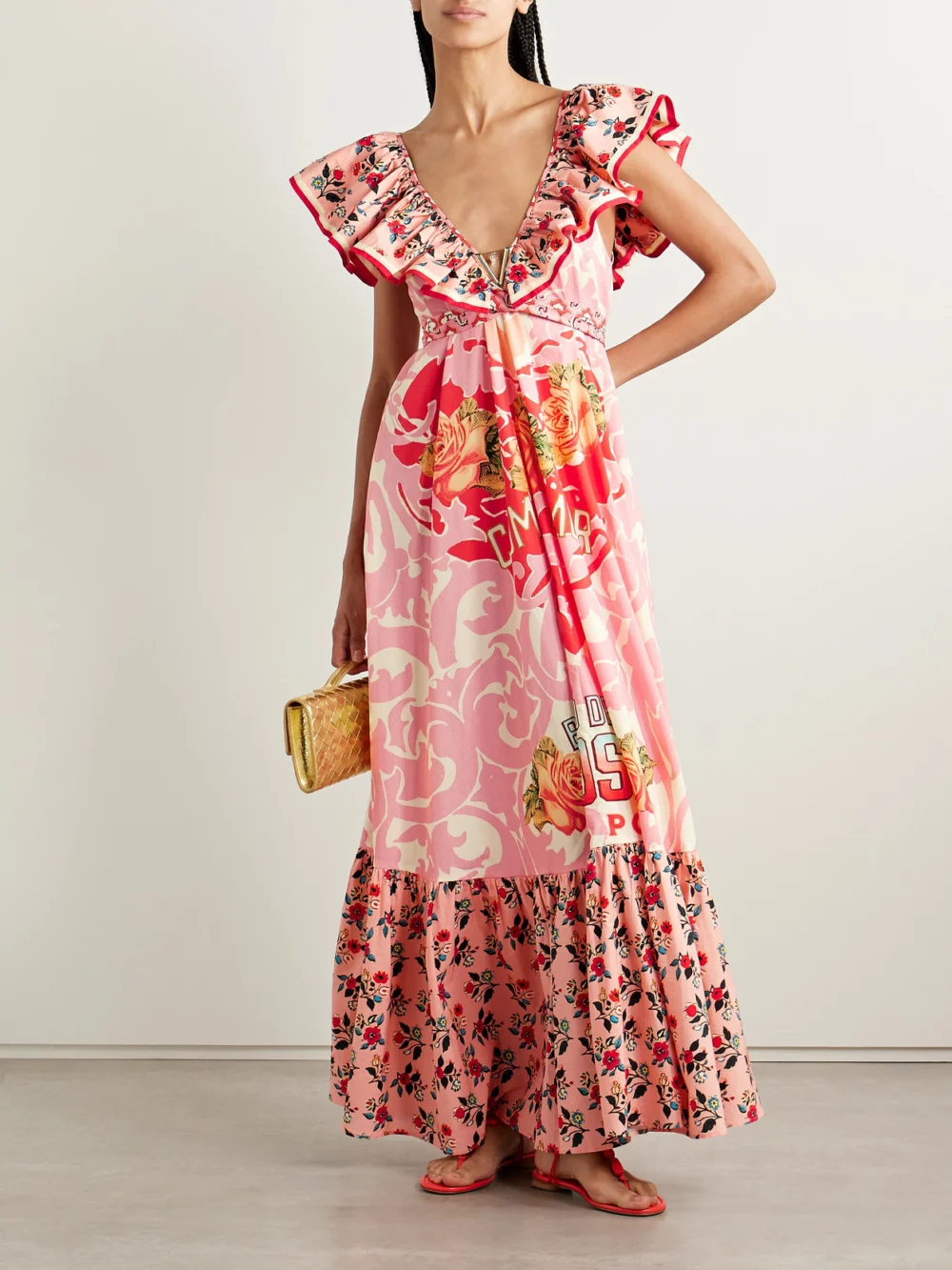 Camilla Belted Embellished Ruffled Printed Organic Cotton-poplin Maxi Dress, worn by a model