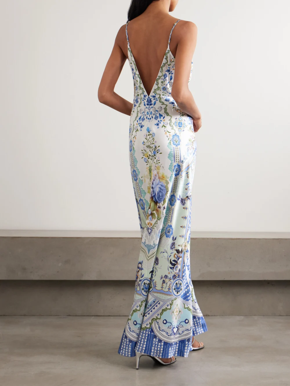 Back view of the Camilla Crystal-embellished Floral-print Silk-satin Maxi Dress