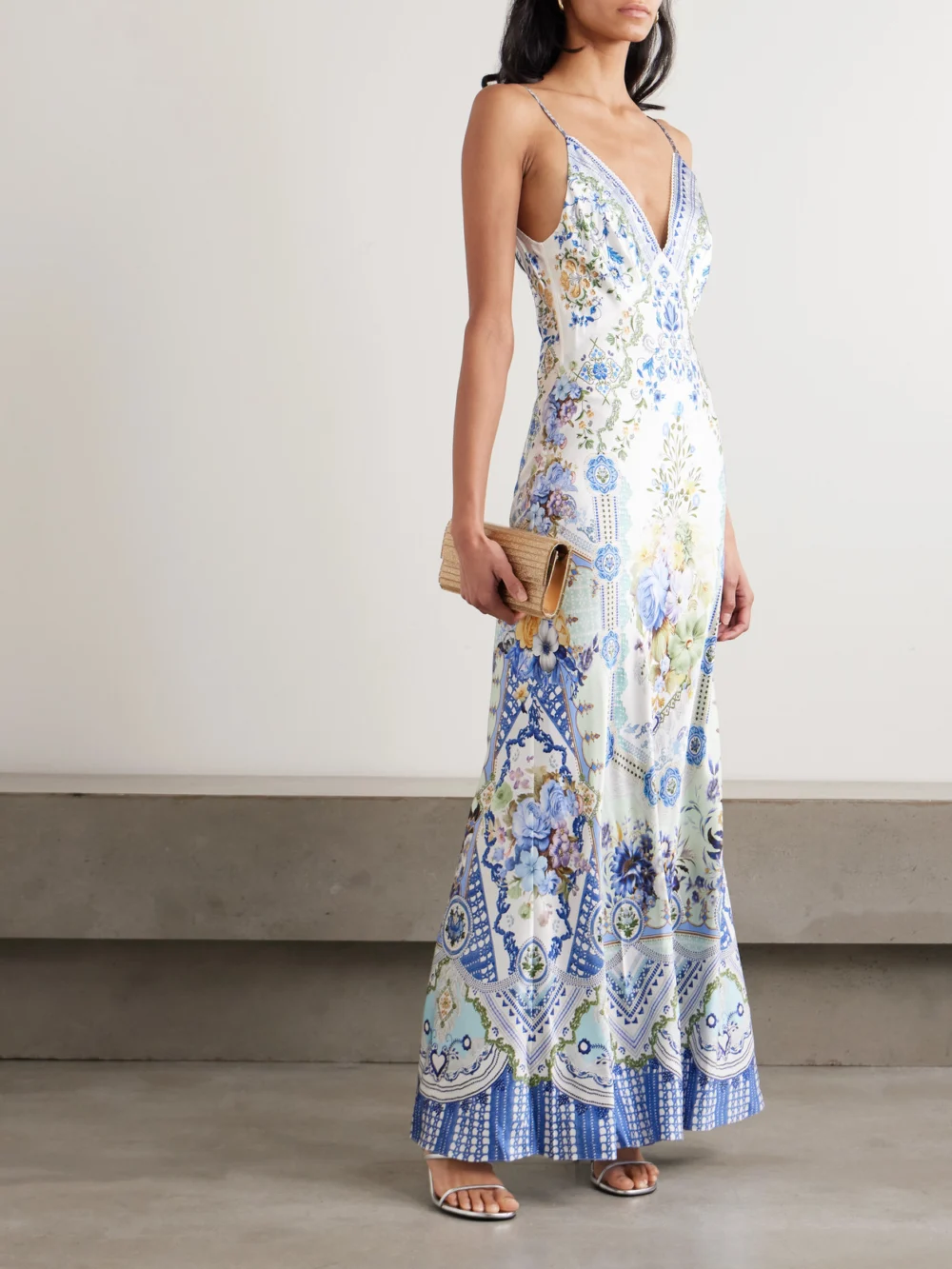 Camilla Crystal-embellished Floral-print Silk-satin Maxi Dress, worn by a model
