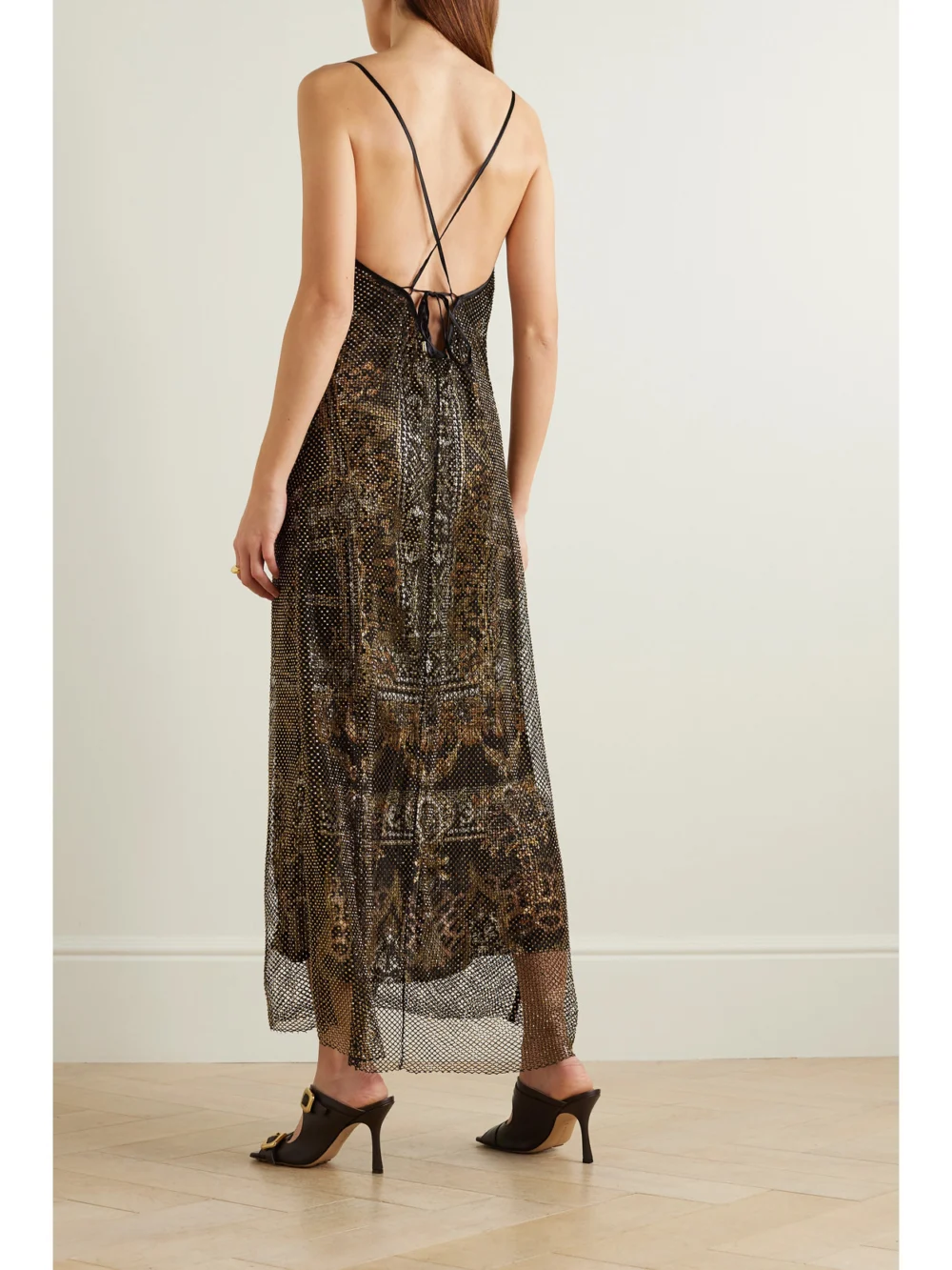 Back view of the Camilla Crystal-embellished Mesh and Printed Silk-charmeuse Maxi Dress