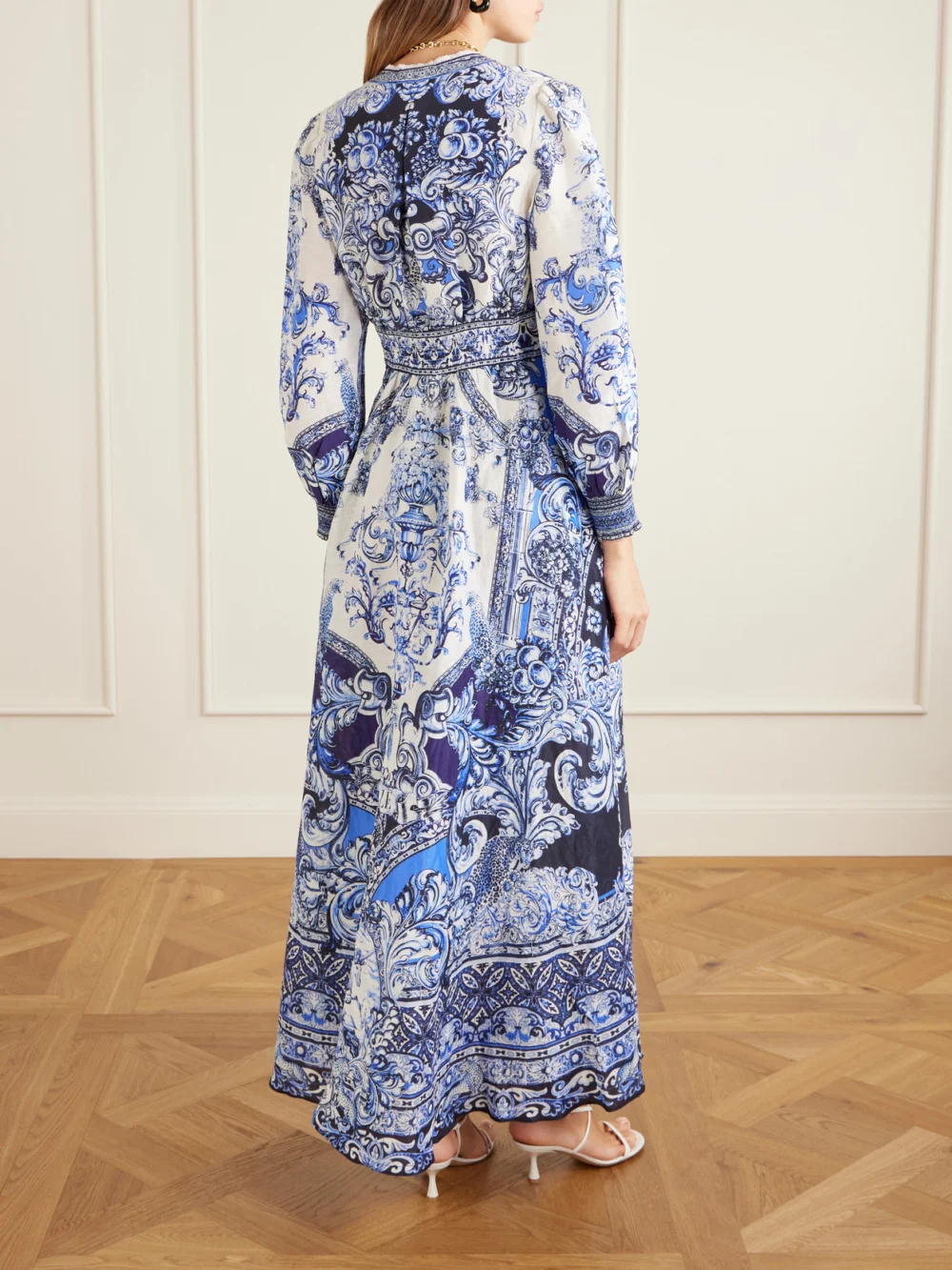 Back view of the Camilla Crystal-embellished Printed Linen and Silk-blend Maxi Dress