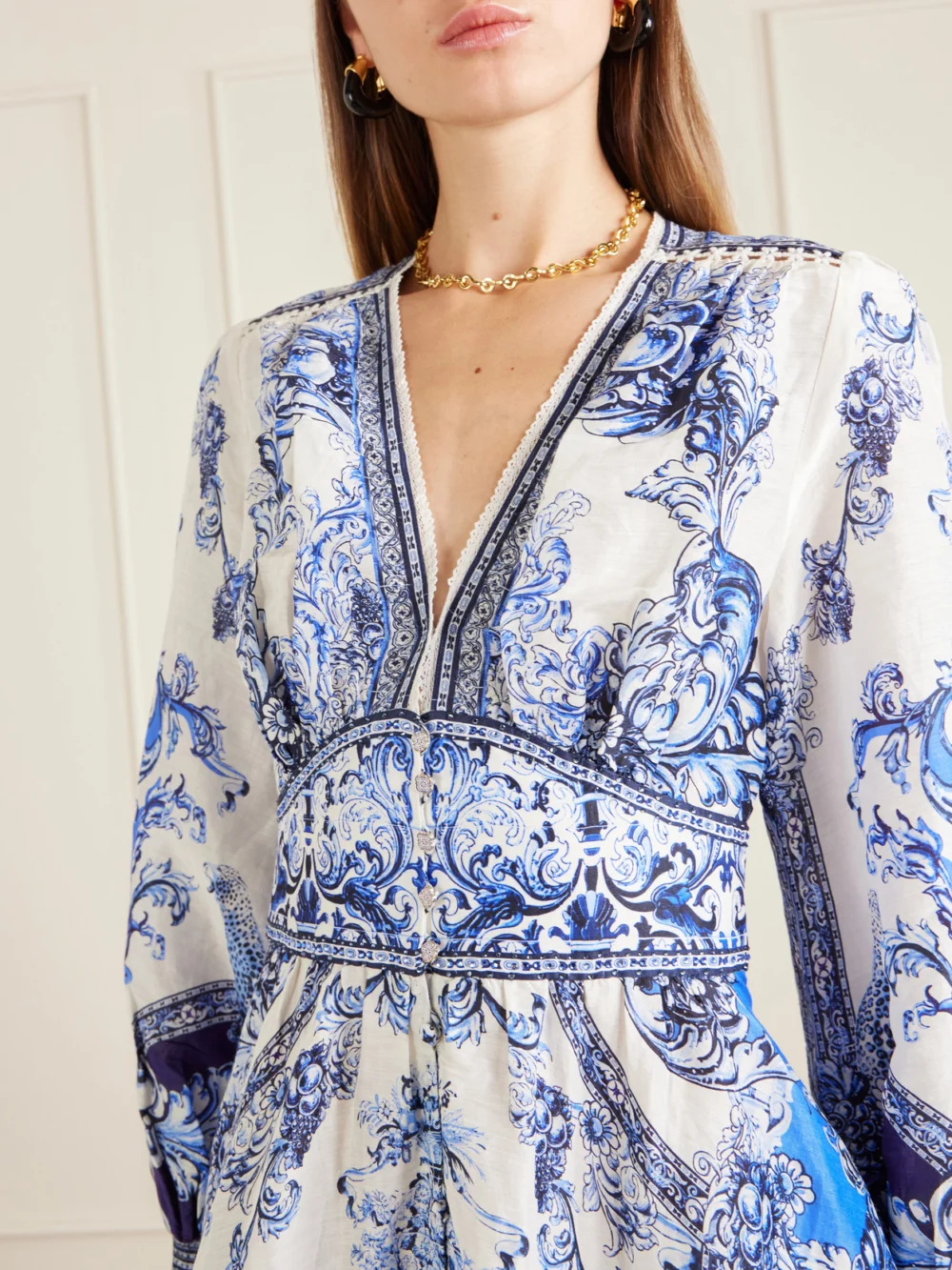Close-up detail of the Camilla Crystal-embellished Printed Linen and Silk-blend Maxi Dress
