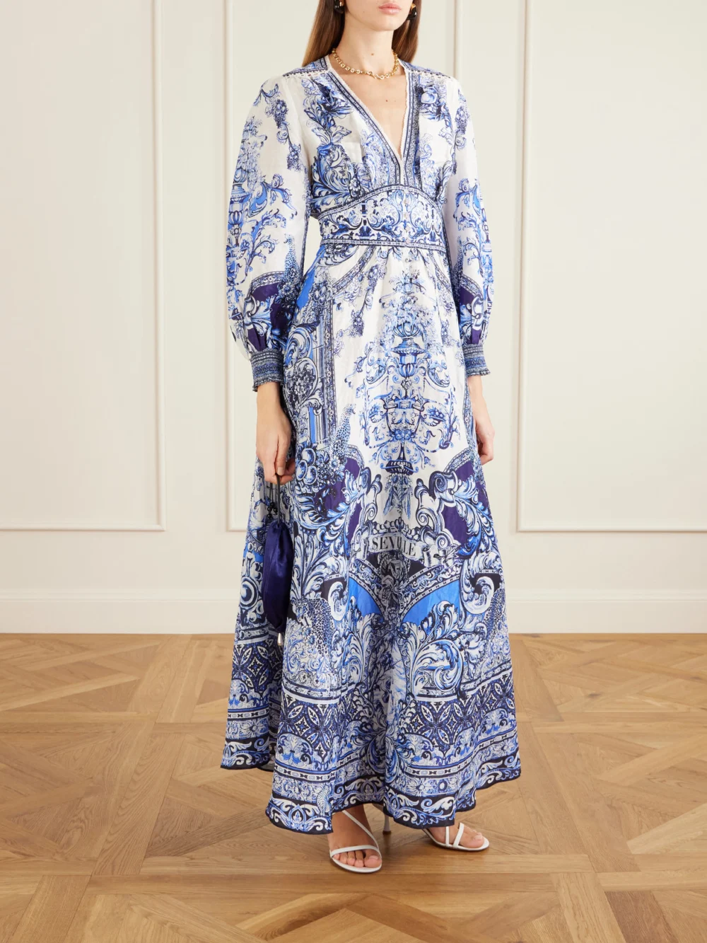 Camilla Crystal-embellished Printed Linen and Silk-blend Maxi Dress, worn by a model