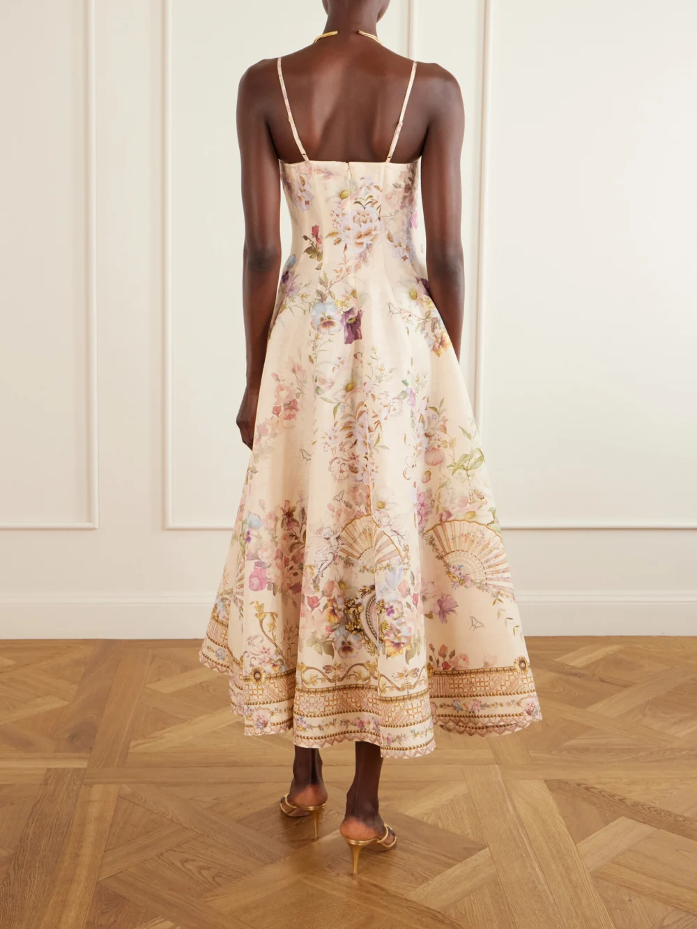 Back view of the Camilla Crystal-embellished Printed Linen and Silk-blend Midi Dress