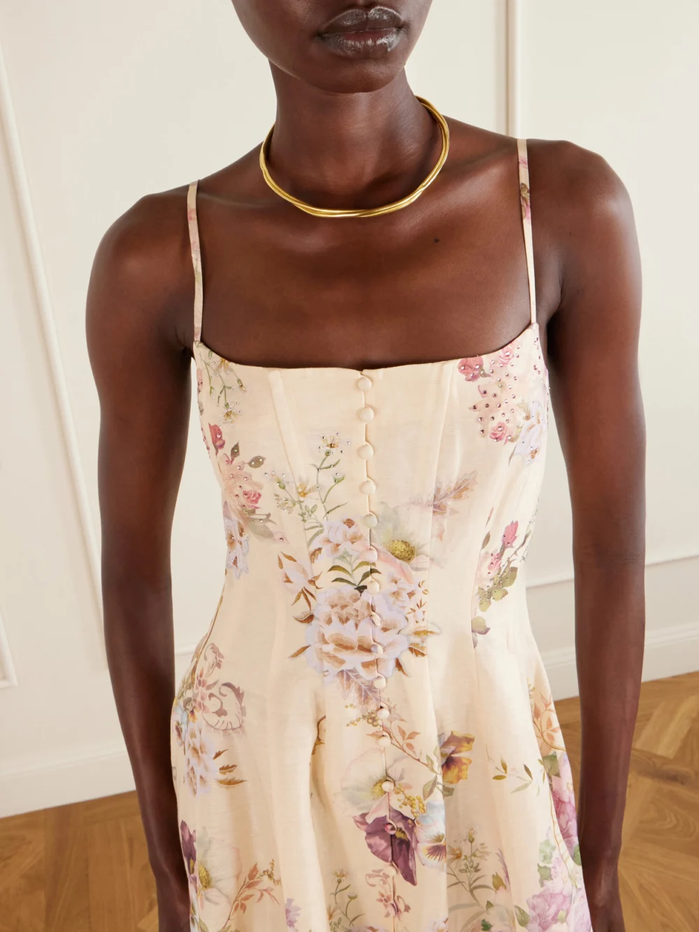 Close-up detail of the Camilla Crystal-embellished Printed Linen and Silk-blend Midi Dress