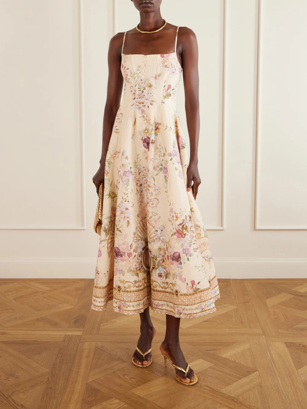 Camilla Crystal-embellished Printed Linen and Silk-blend Midi Dress, worn by a model