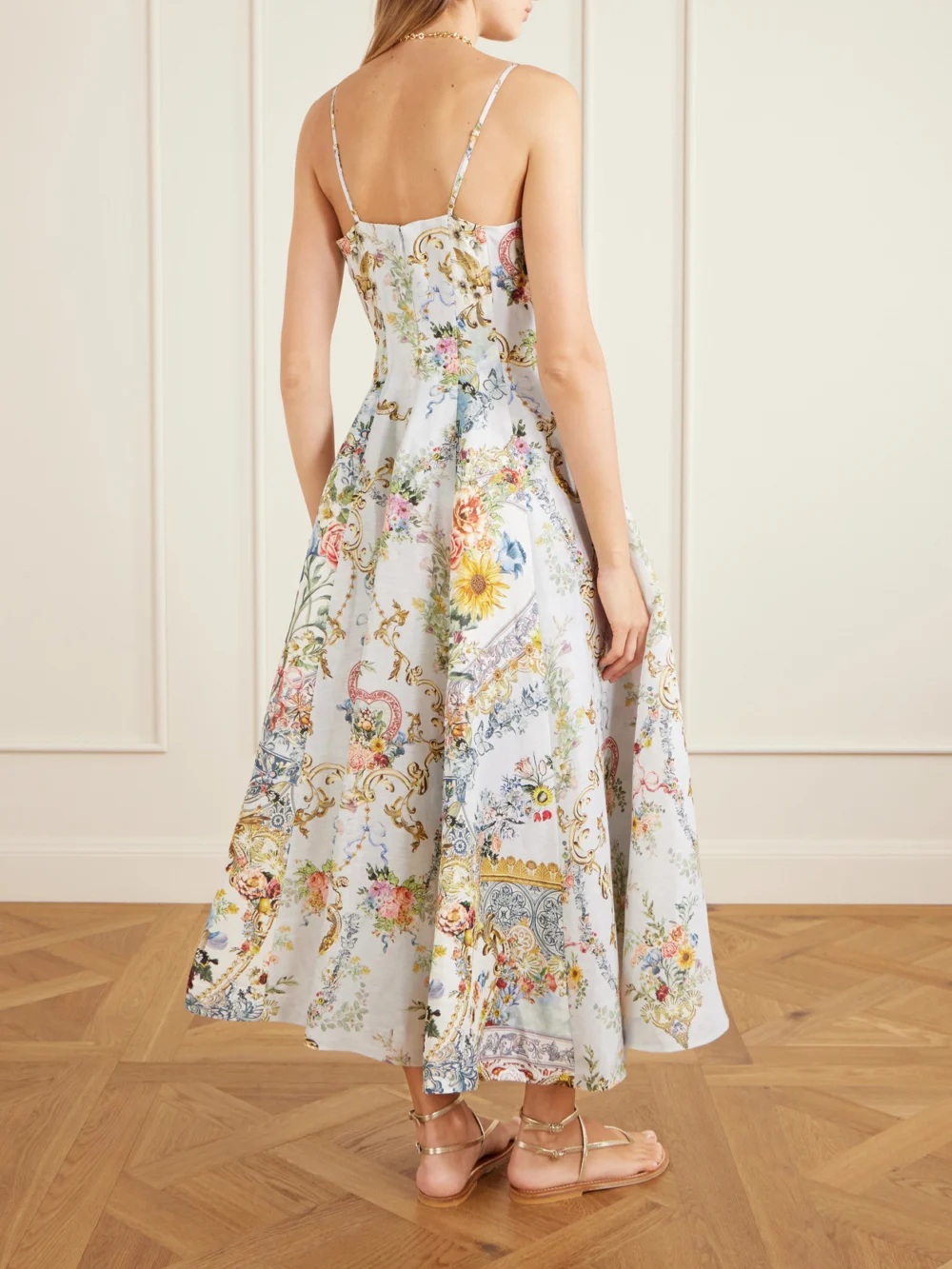 Back view of the Camilla Crystal-embellished Printed Linen and Silk-blend Midi Dress