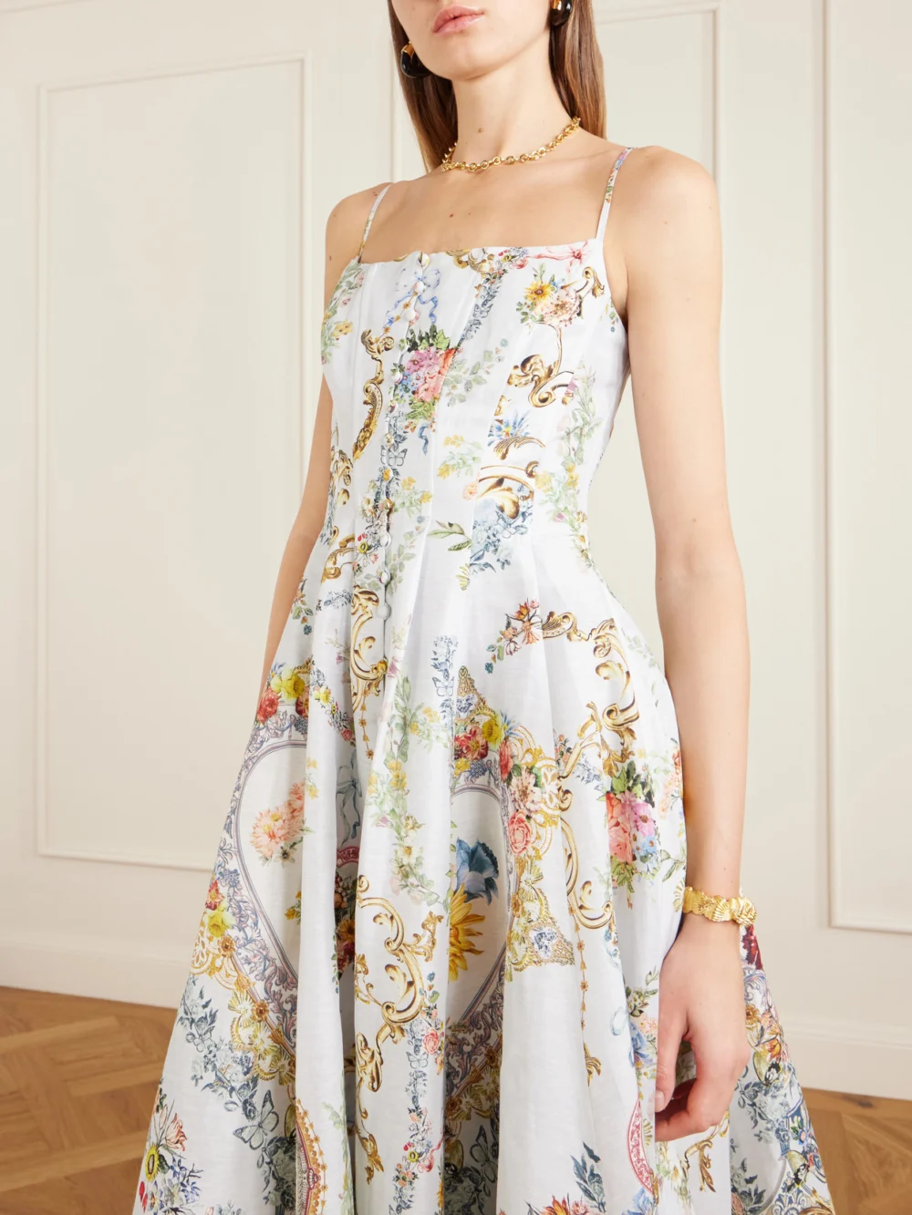 Close-up detail of the Camilla Crystal-embellished Printed Linen and Silk-blend Midi Dress
