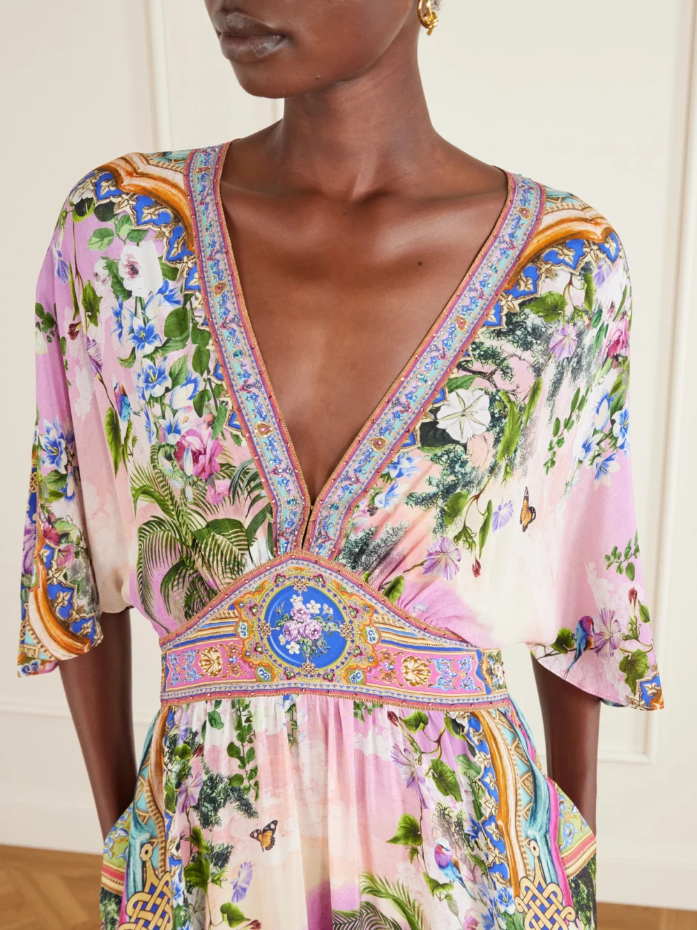 Close-up detail of the Camilla Crystal-embellished Printed Silk Crepe De Chine Maxi Dress