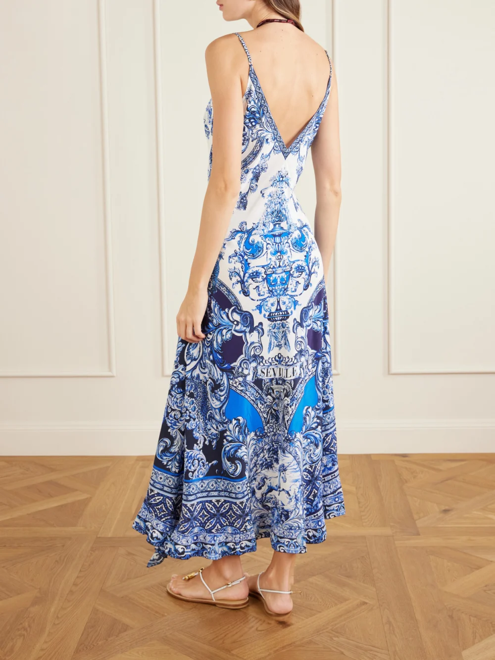Back view of the Camilla Crystal-embellished Printed Silk Midi Dress