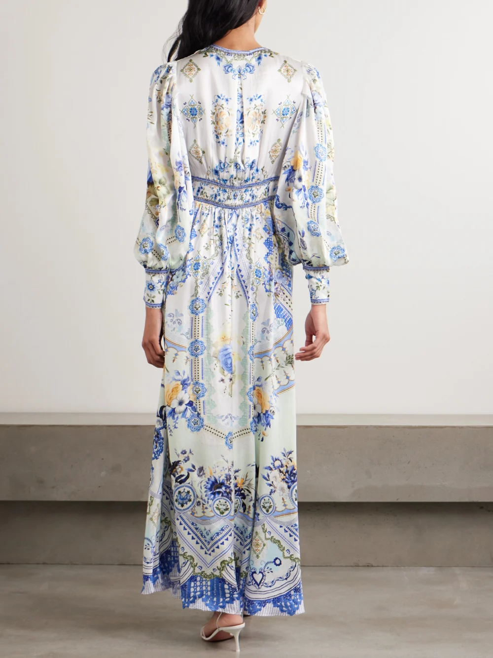 Back view of the Camilla Crystal-embellished Shirred Printed Silk Maxi Dress