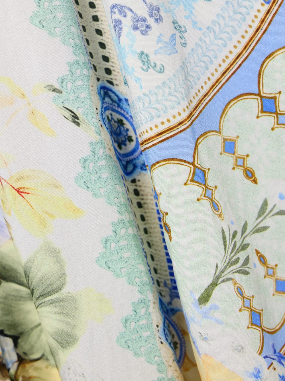 Close-up detail of the Camilla Crystal-embellished Shirred Printed Silk Maxi Dress