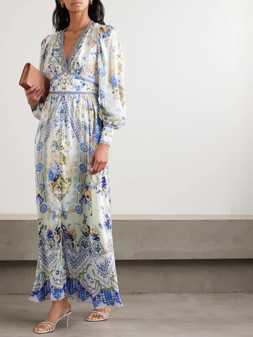 Camilla Crystal-embellished Shirred Printed Silk Maxi Dress, worn by a model