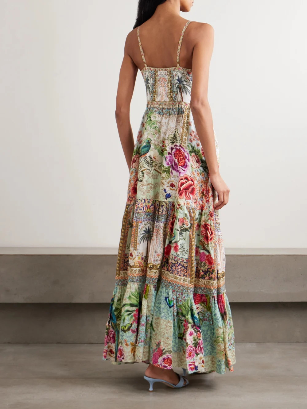 Back view of the Camilla Crystal-embellished Tiered Floral-print Linen Maxi Dress