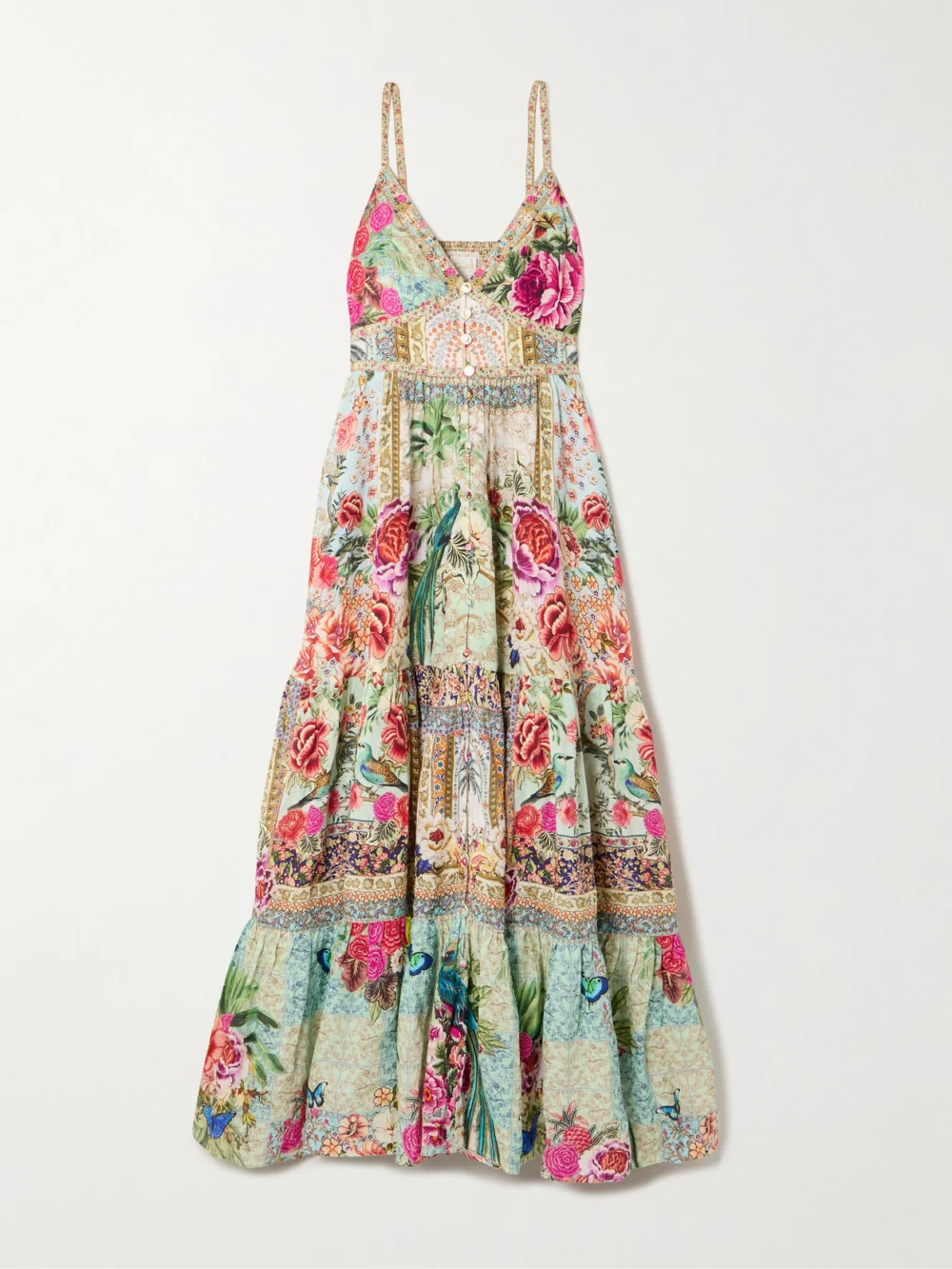 Camilla Crystal-embellished Tiered Floral-print Linen Maxi Dress in multi
