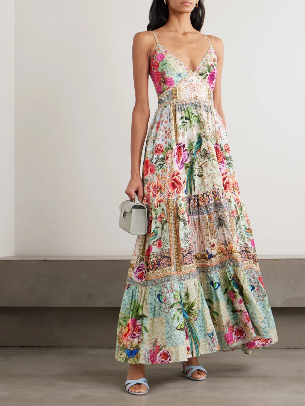 Camilla Crystal-embellished Tiered Floral-print Linen Maxi Dress, worn by a model