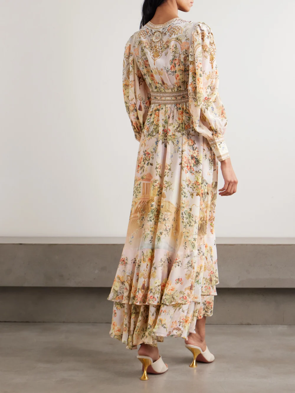 Back view of the Camilla Crystal-embellished Tiered Floral-print Silk-chiffon Maxi Dress