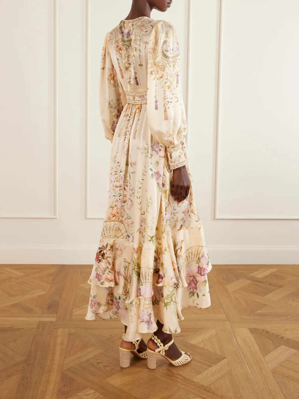 Back view of the Camilla Crystal-embellished Tiered Floral-print Silk-chiffon Midi Dress