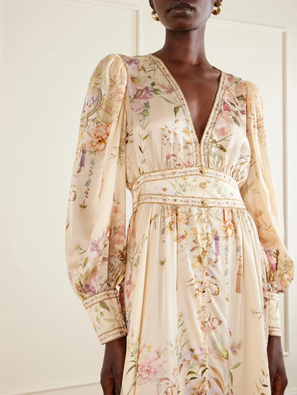 Close-up detail of the Camilla Crystal-embellished Tiered Floral-print Silk-chiffon Midi Dress