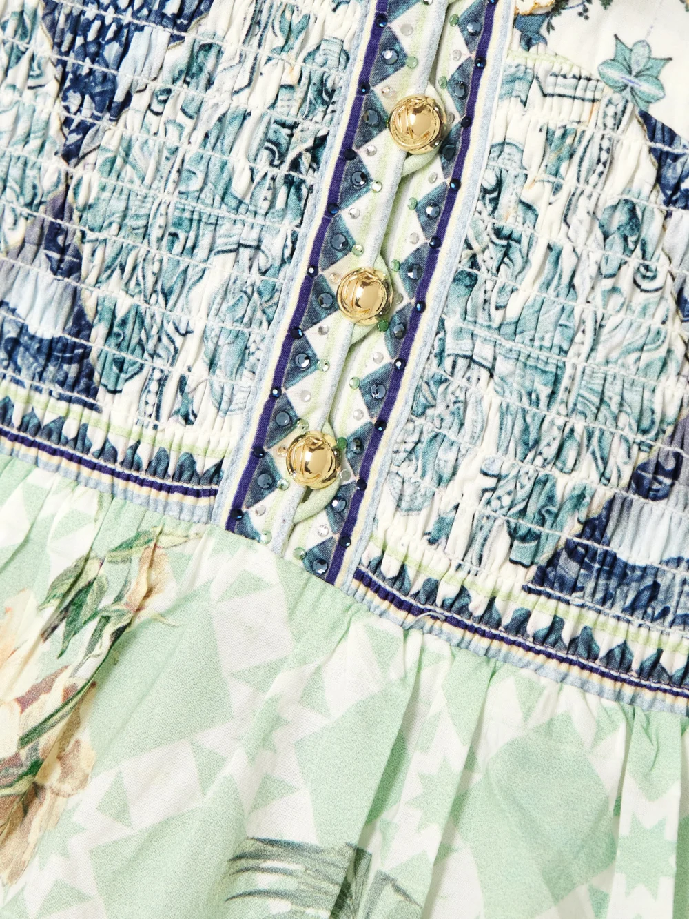Close-up detail of the Camilla Cutout Ruffled Printed Organic Cotton Mini Dress