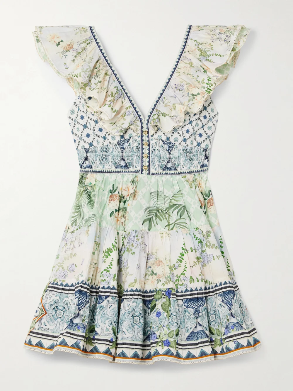 Camilla Cutout Ruffled Printed Organic Cotton Mini Dress in blue
