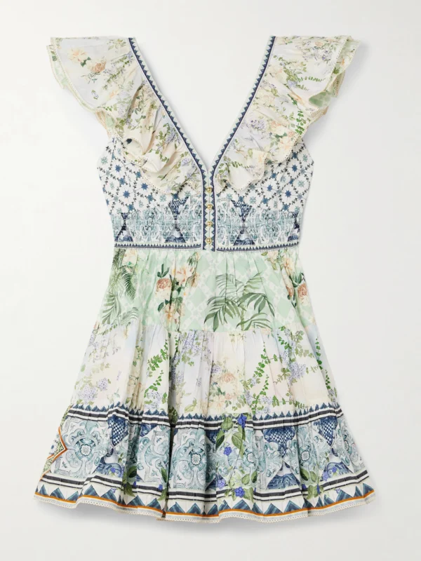 Camilla Cutout Ruffled Printed Organic Cotton Mini Dress