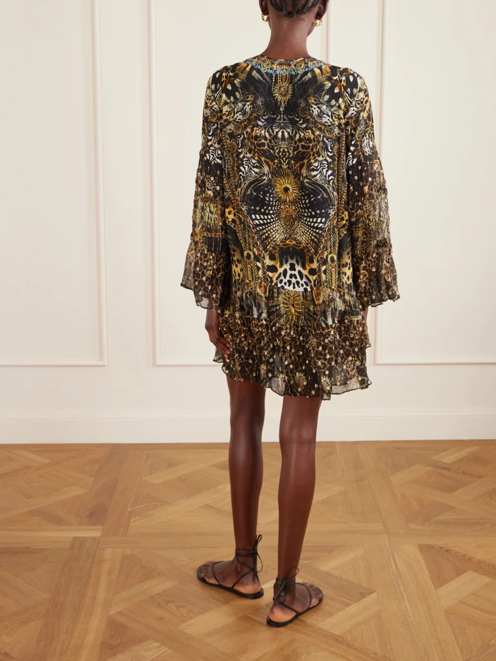 Back view of the Camilla Embellished Animal-print Silk Crepe De Chine Mini Dress