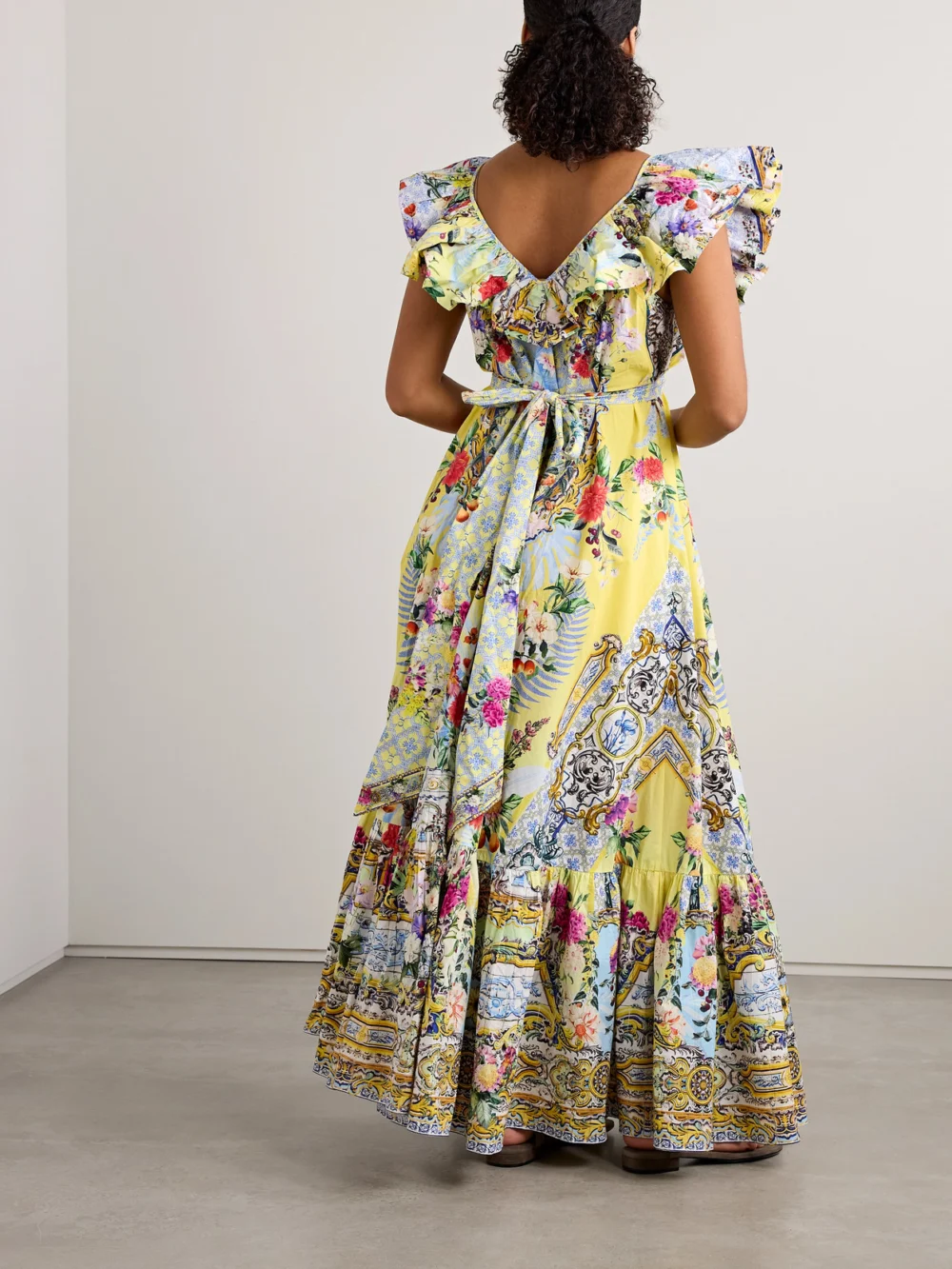 Back view of the Camilla Embellished Belted Ruffled Printed Organic Cotton-poplin Maxi Dress